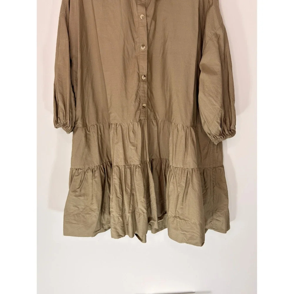Free People Misha Baby Doll Tiered Mini Shirt Dress Tan Oversized Cotton XS‎